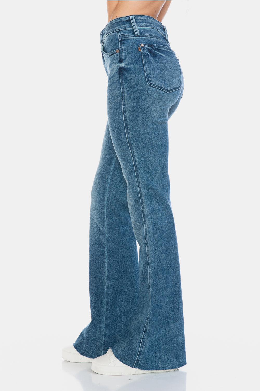 Judy Blue Full Size Tummy Control Raw Hem Flare Leg Jeans in Medium Wash Blue