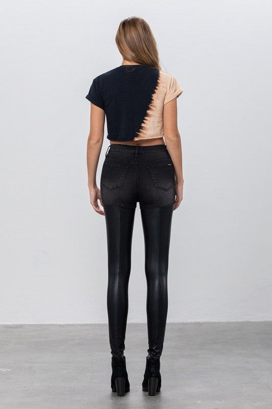 HIGH RISE LEATHER DENIM PANTS