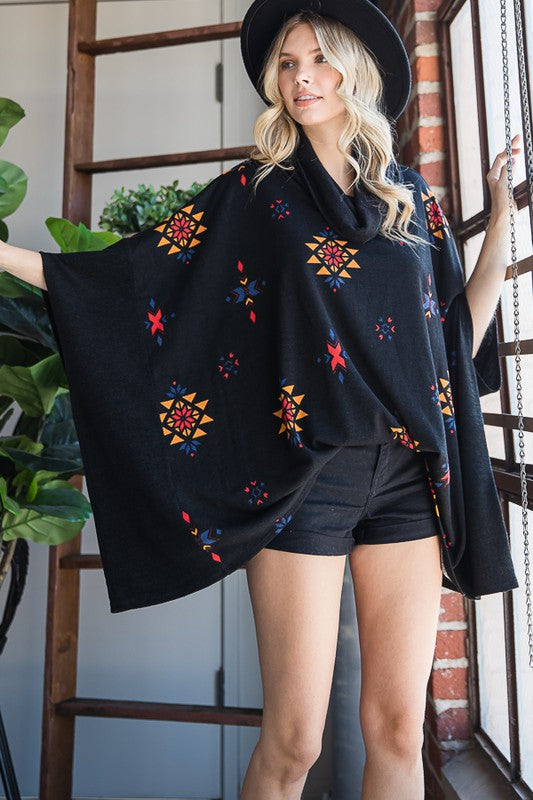 Jade By Jane One Size Oversized Aztec Print Cowl Neck Poncho Top in 2 Colors