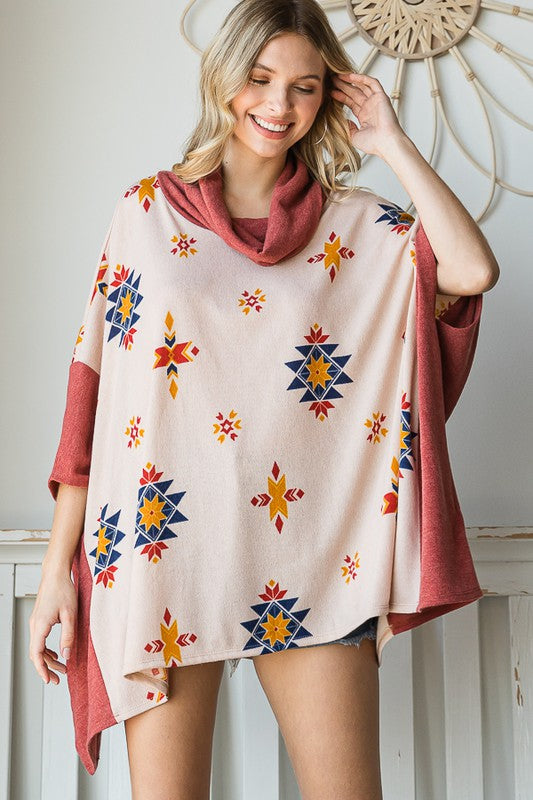 Jade By Jane One Size Oversized Aztec Print Cowl Neck Poncho Top in 2 Colors