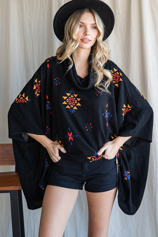 Jade By Jane One Size Oversized Aztec Print Cowl Neck Poncho Top in 2 Colors