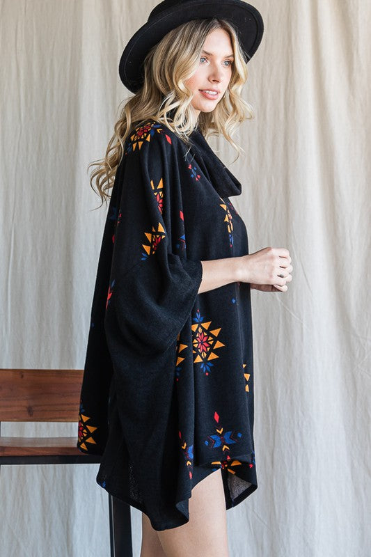 Jade By Jane One Size Oversized Aztec Print Cowl Neck Poncho Top in 2 Colors