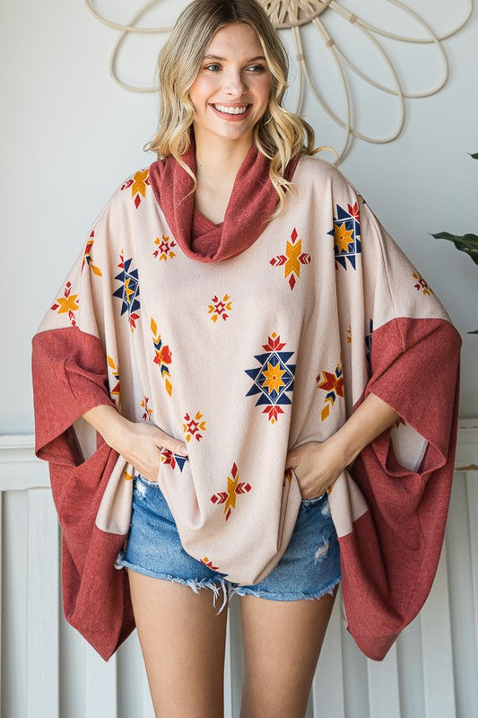 Jade By Jane One Size Oversized Aztec Print Cowl Neck Poncho Top in 2 Colors