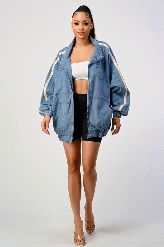 Athina Oversized Stripe Sleeve Denim Jacket