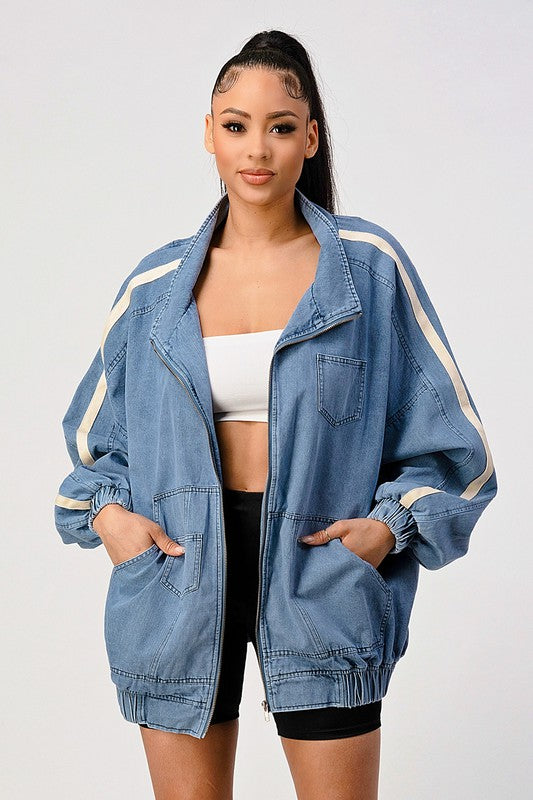 Athina Oversized Stripe Sleeve Denim Jacket