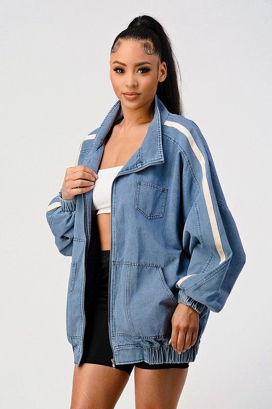 Athina Oversized Stripe Sleeve Denim Jacket