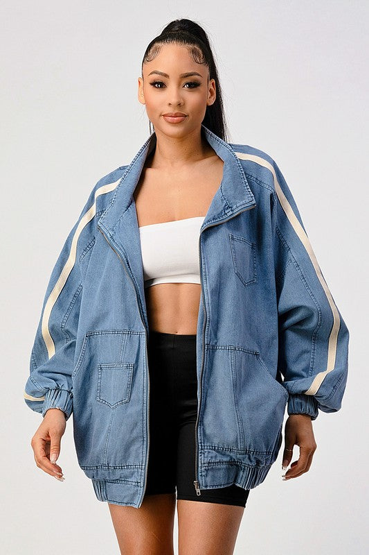 Athina Oversized Stripe Sleeve Denim Jacket