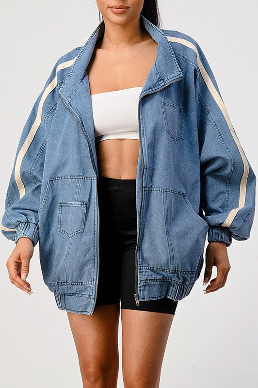 Athina Oversized Stripe Sleeve Denim Jacket