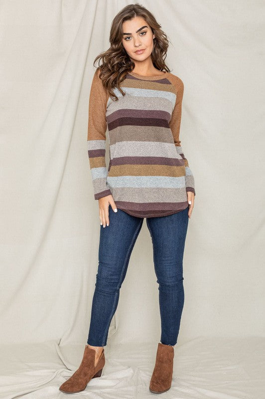 EG fashion Colorblock Multi Stripe Long Sleeve Knit Tunic Top in Charcoal or Camel