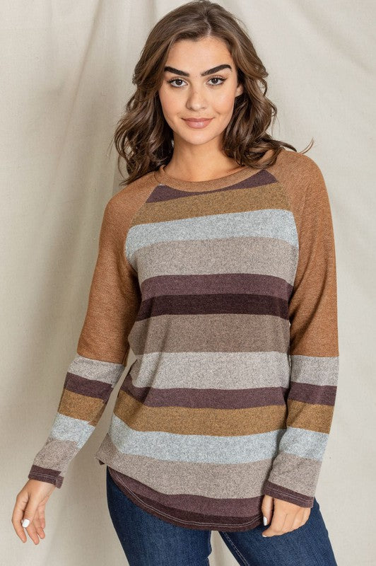 EG fashion Colorblock Multi Stripe Long Sleeve Knit Tunic Top in Charcoal or Camel