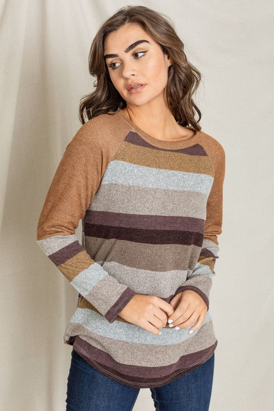 EG fashion Colorblock Multi Stripe Long Sleeve Knit Tunic Top in Charcoal or Camel