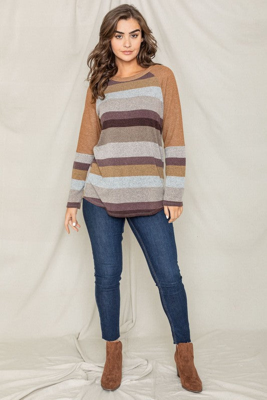 EG fashion Colorblock Multi Stripe Long Sleeve Knit Tunic Top in Charcoal or Camel