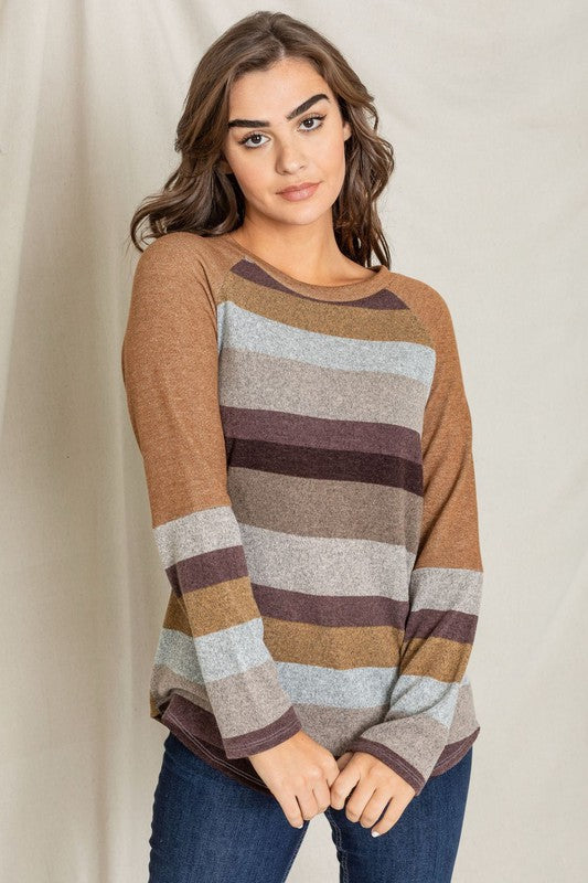 EG fashion Colorblock Multi Stripe Long Sleeve Knit Tunic Top in Charcoal or Camel