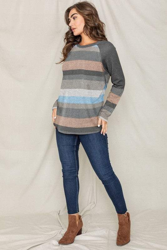 EG fashion Colorblock Multi Stripe Long Sleeve Knit Tunic Top in Charcoal or Camel