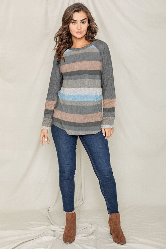 EG fashion Colorblock Multi Stripe Long Sleeve Knit Tunic Top in Charcoal or Camel