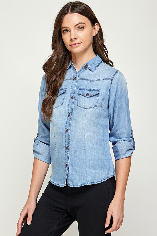 Blue Age Tencel Button-Down Shirt in Light or Medium Wash