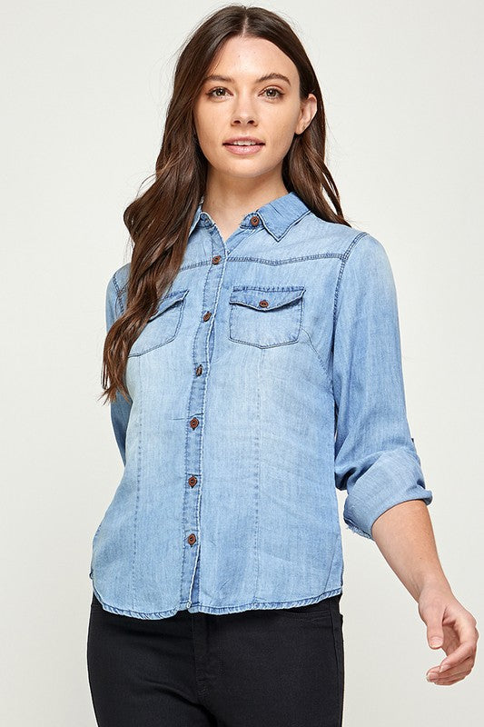 Blue Age Tencel Button-Down Shirt in Light or Medium Wash