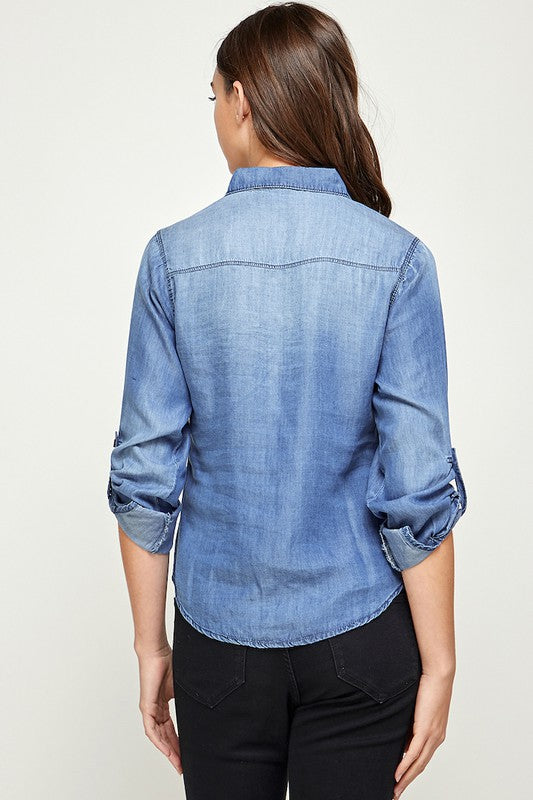 Blue Age Tencel Button-Down Shirt in Light or Medium Wash