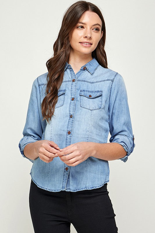 Blue Age Tencel Button-Down Shirt in Light or Medium Wash