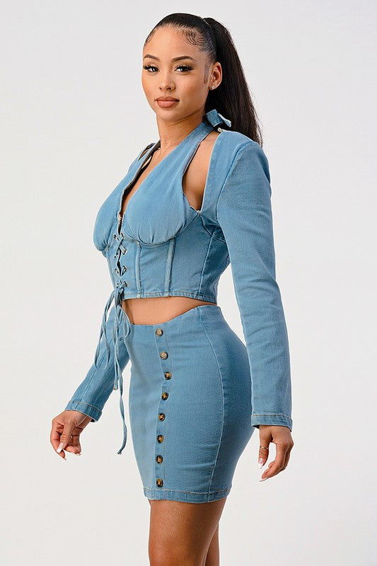 ATHINA Denim Long Sleeve Cutout Top and Mini Skirt Set