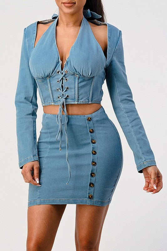 ATHINA Denim Long Sleeve Cutout Top and Mini Skirt Set