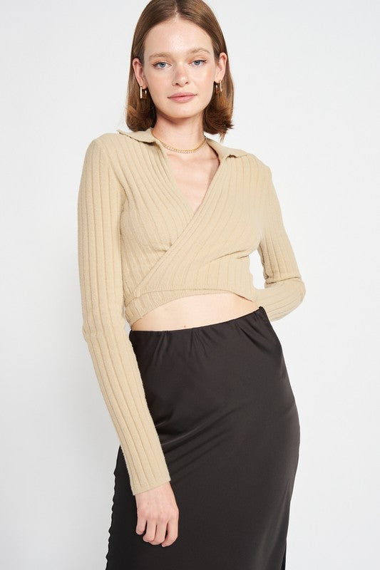 EMORY PARK COLLARED LONG SLEEVE WRAP CROP TOP IN 2 COLORS