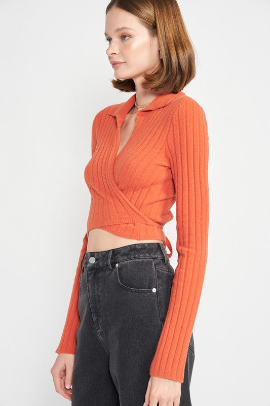 EMORY PARK COLLARED LONG SLEEVE WRAP CROP TOP IN 2 COLORS