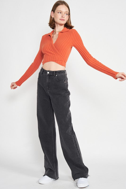 EMORY PARK COLLARED LONG SLEEVE WRAP CROP TOP IN 2 COLORS