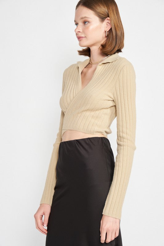 EMORY PARK COLLARED LONG SLEEVE WRAP CROP TOP IN 2 COLORS