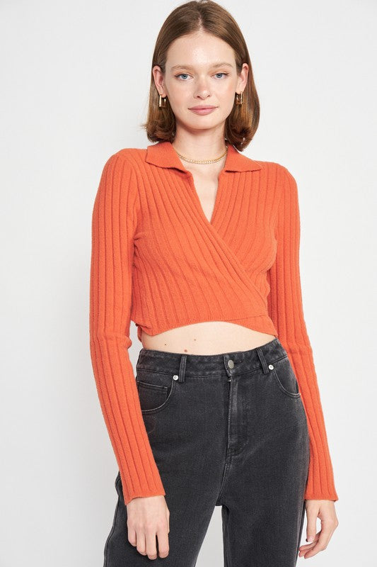 EMORY PARK COLLARED LONG SLEEVE WRAP CROP TOP IN 2 COLORS