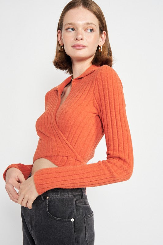 EMORY PARK COLLARED LONG SLEEVE WRAP CROP TOP IN 2 COLORS