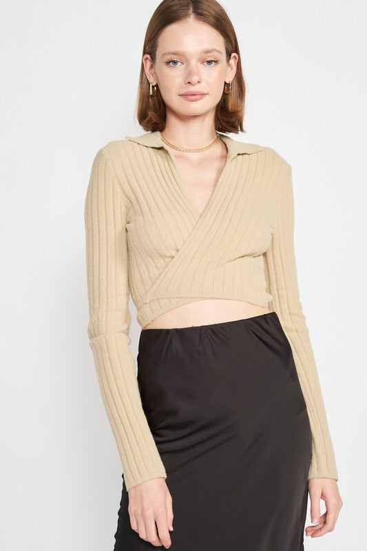 EMORY PARK COLLARED LONG SLEEVE WRAP CROP TOP IN 2 COLORS