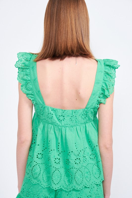 EMORY PARK RUFFLE SLEEVE HEM EYELET TOP