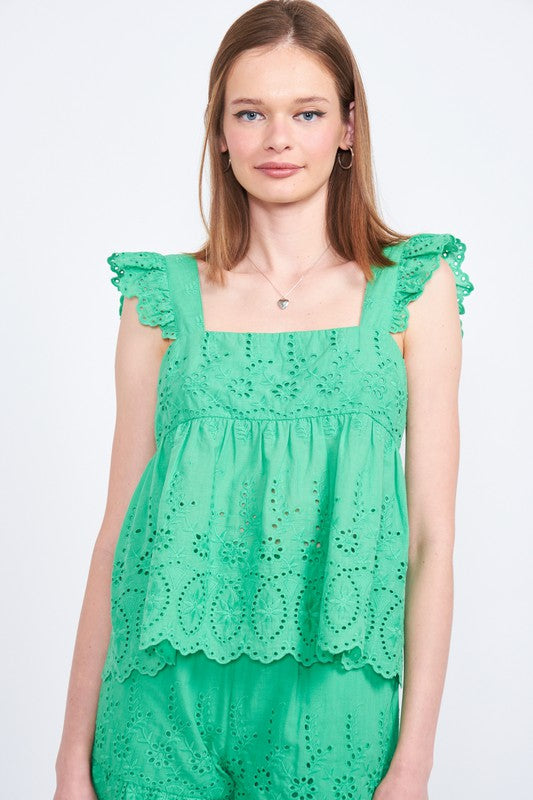 EMORY PARK RUFFLE SLEEVE HEM EYELET TOP