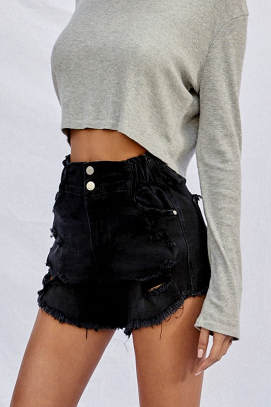 DenimLab USA Raw Hem Denim Shorts in Black