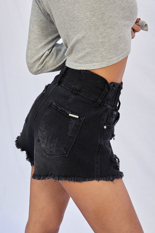 DenimLab USA Raw Hem Denim Shorts in Black