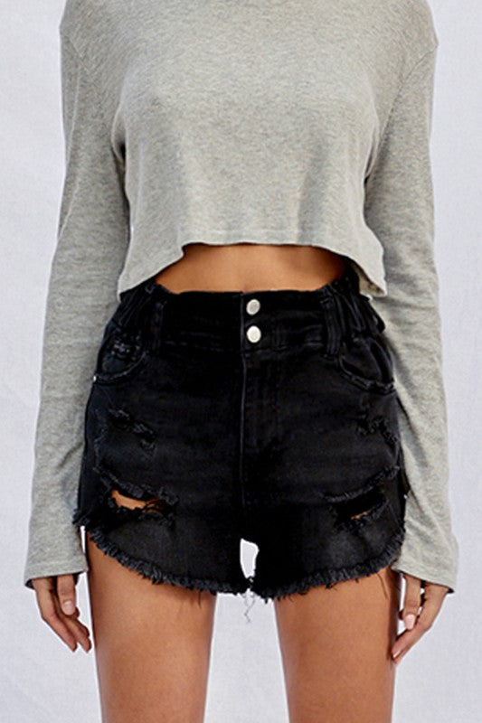 DenimLab USA Raw Hem Denim Shorts in Black