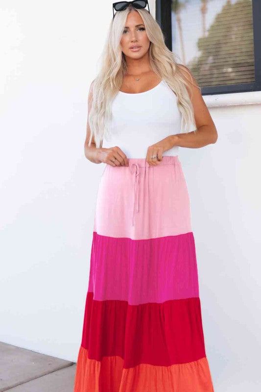 ClaudiaG Collection Stretch Cotton Color Block Tiered Drawstring Maxi Skirt