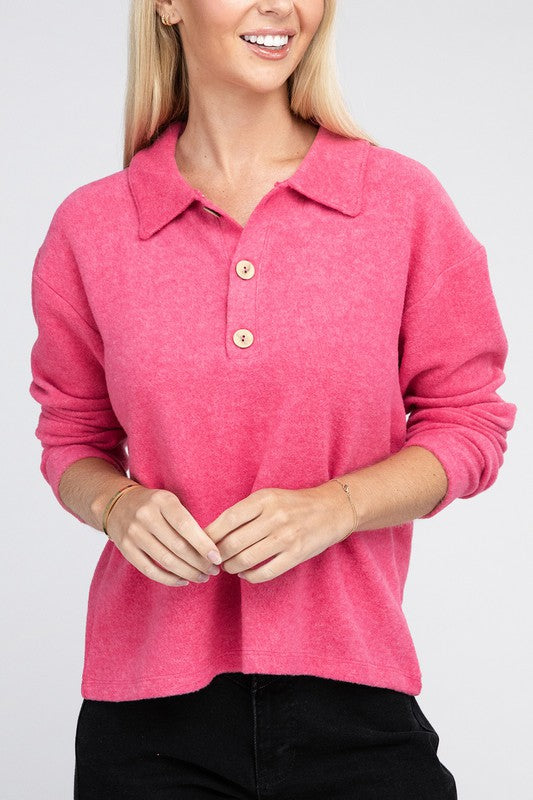 Zenana Brushed Melange Button Front Collared V-Neck Sweater in 5 Colors