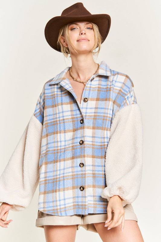 JADE BY JANE PLUS SIZE MULTI PLAID FUZZY SLEEVE JACKET IN 2 COLORS