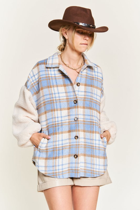 JADE BY JANE PLUS SIZE MULTI PLAID FUZZY SLEEVE JACKET IN 2 COLORS