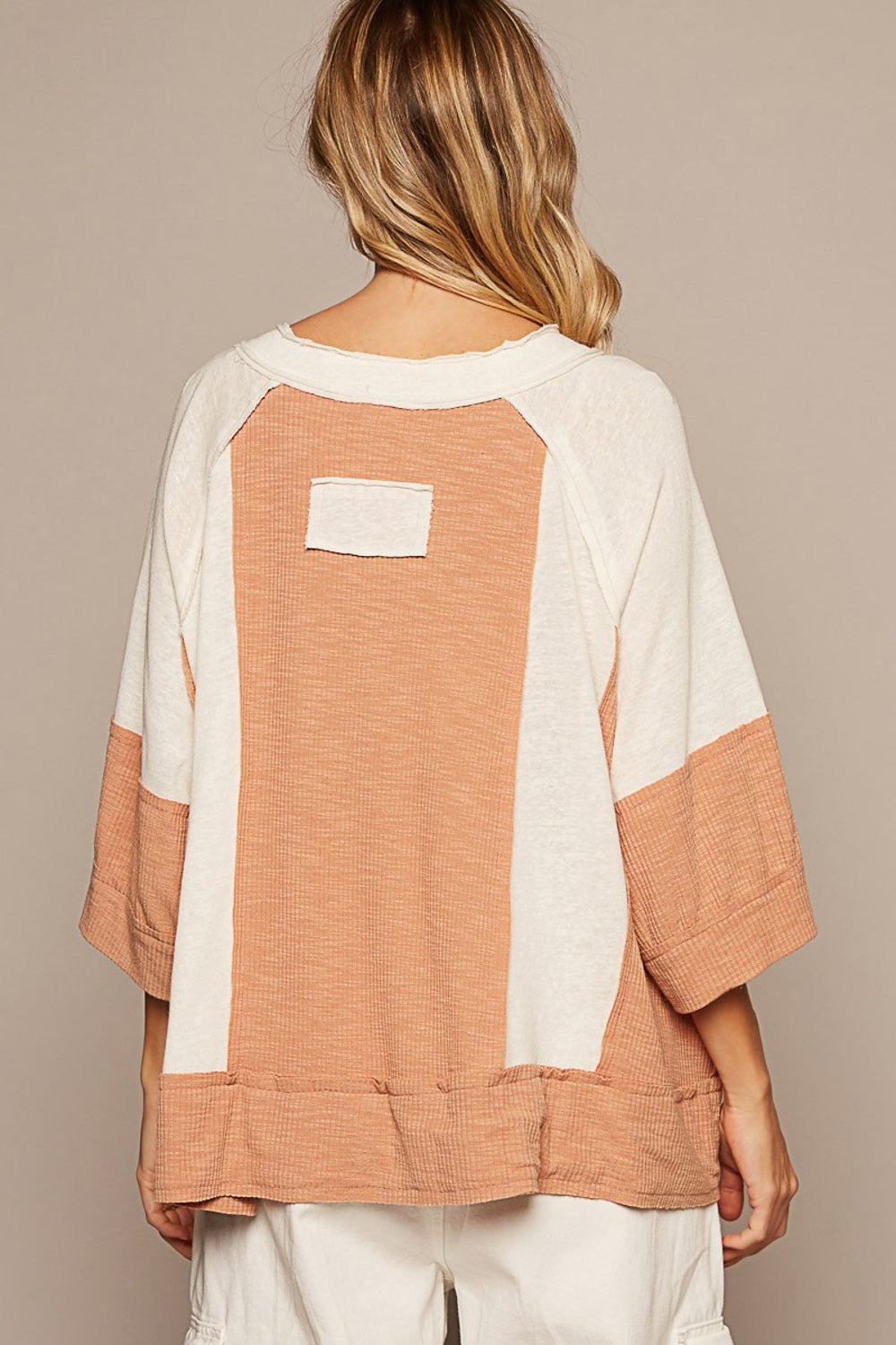 POL Oversized Colorblock V-Neck 3/4 Sleeve T-Shirt Top Raw Edge