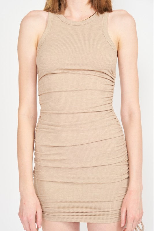 Emory Park Ruched Bodycon Wide Strap Mini Dress in Taupe