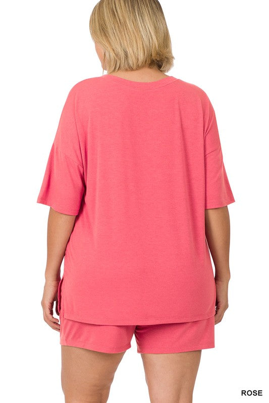 Zenana Plus Oversized T-Shirt & Drawstring Shorts Set in Neon Coral