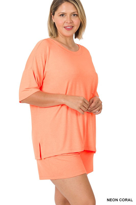 Zenana Plus Oversized T-Shirt & Drawstring Shorts Set in Neon Coral