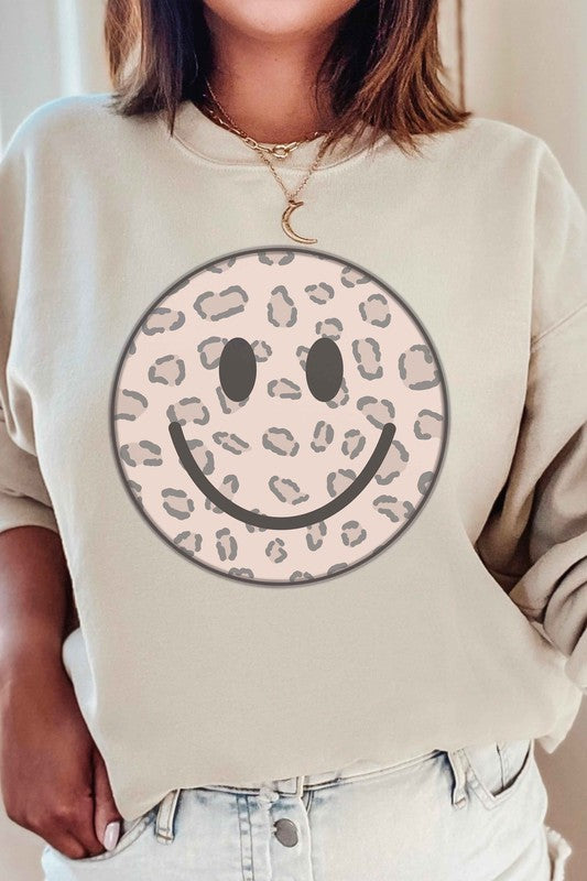 A Blush Co Unisex Leopard Happy Face Graphic Sweatshirt in 3 Colors