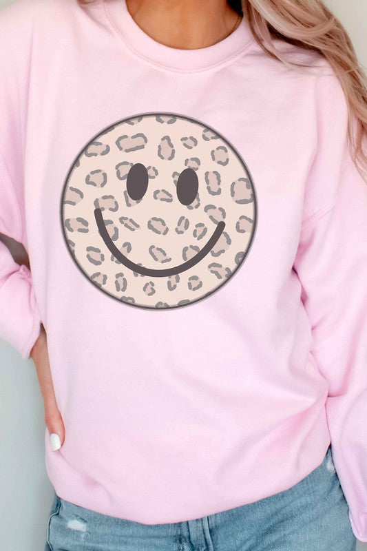 A Blush Co Unisex Leopard Happy Face Graphic Sweatshirt in 3 Colors