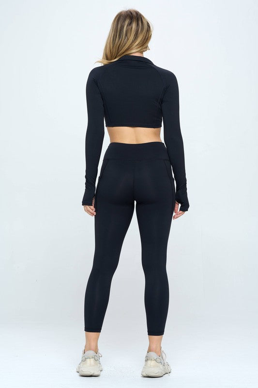 OTOS Active Two Piece Long Sleeve Crop Top and Leggings Set in 3 Colors