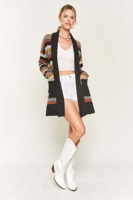 Jade by Jane Multicolor Striped Open Front Longline Cardigan Sweater