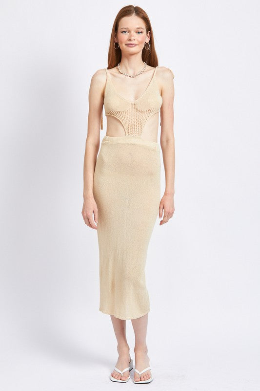 EMORY PARK CUT OUT DETAUL MIDI DRESS WITH SHOULDER TIES IN TAN